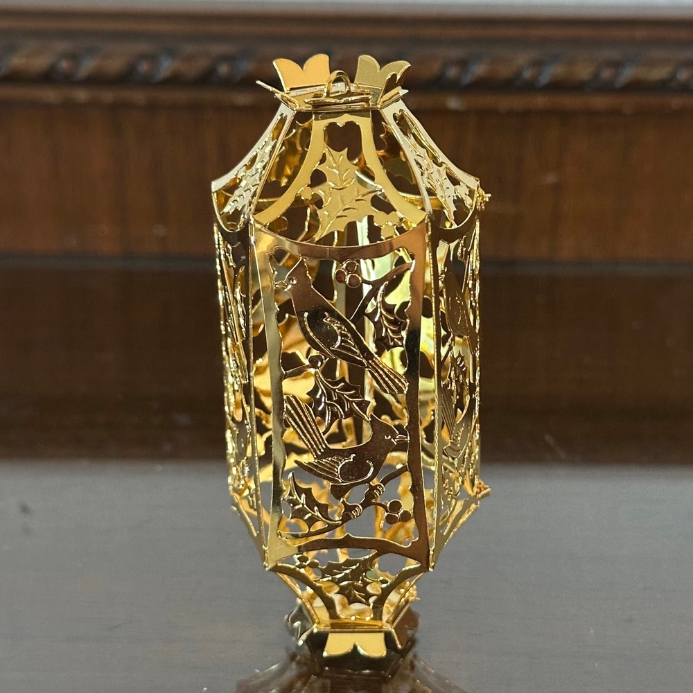 Reed & Barton Gold Tone Cardinal Holly Lantern Filigree Christmas Ornament 3.5''